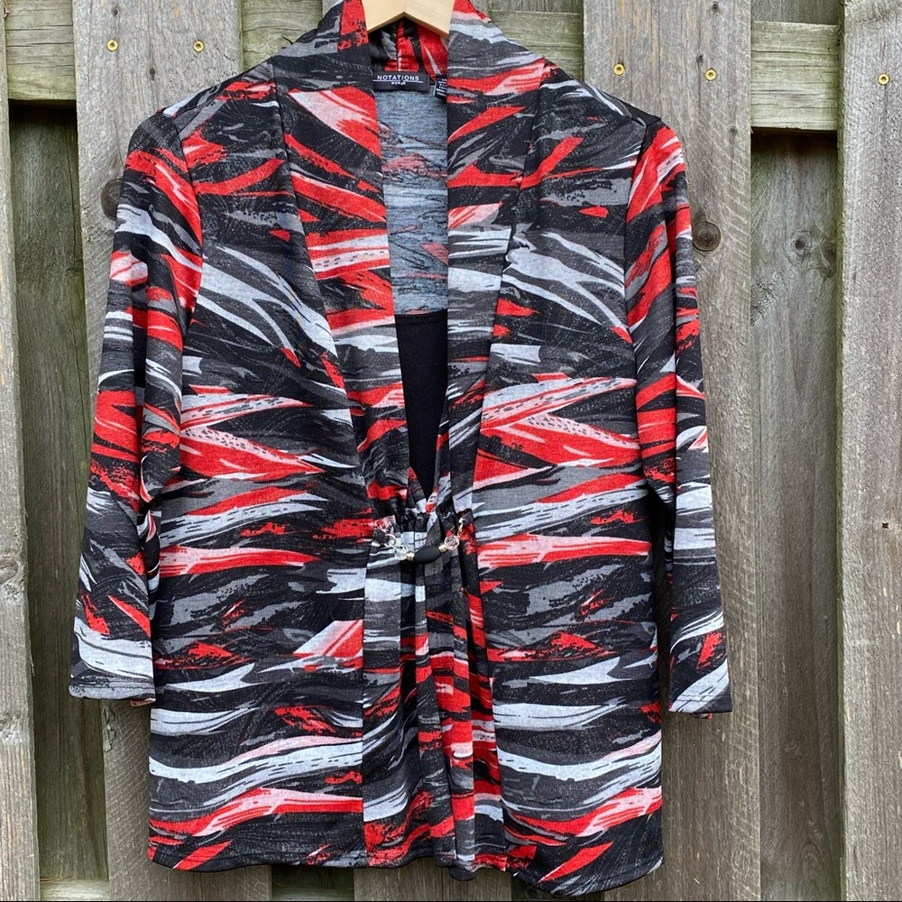 Layered look beaded abstract red black grey top 3/4 sleeve plus size abs…